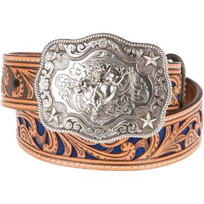 Boys Brown Belt With Blue Inlay Scroll Brown 20