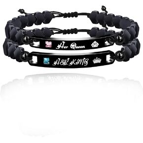 Uloveido A Pair of Hematite Braided String Custom Engraving Heart Bracelets Personalized Stainless Steel ID Plate for Couples