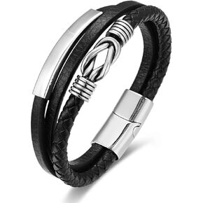 BIYONGDE Mens Womens Black Braided Leather Bracelet Stainless Steel Love Knot ID Identification, Three-strand