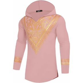 ZSJR Mens African Dashiki Hooded Shirt Metallic Gold Stamp Printed Hoodie Long Sleeve Shirts Blouse