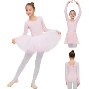 EPLAZA Girls Kids Ballet Leotards Team Basic Long Sleeve Leotard with Removable Skirt Toddler Dance Tutu Dress