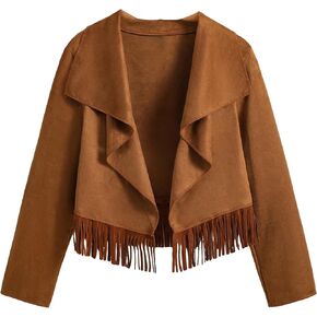 SweatyRocks Girl's Long Sleeve Collar Open Front Coat Asymmetrical Fringe Hem Jacket Tops