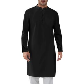 Runcati Mens Kaftan Thobe Button Down Henley Shirts Robe Long Sleeve Casual Cotton Linen Muslim Gown Shirt