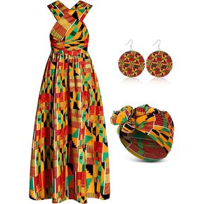 3 Pcs Women African Print Traditional Costume Set Boho Casual Dress Headwraps Scarf Drop Dangle Earrings