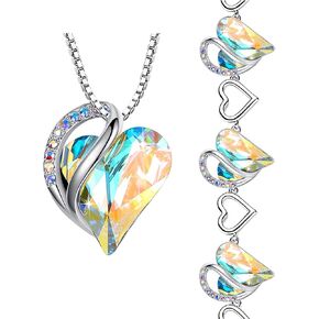 Leafael Infinity Love Heart Necklace and Bracelet for Women, April Birthstone Crystal Jewelry, Silver Tone Bundle Gifts for Women, Rainbow Opal White