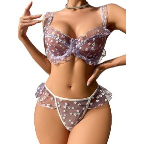 WDIRARA Women's 2 Piece Floral Lingerie Set Lace Mesh Cut Out Ruffle Trim Bra and Panty Set