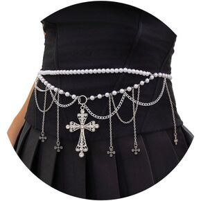 Florry Pearl Belly Chains for the Waist Beaded Waist Chain Belt Tassel Body Chains with Cross Silver Multilayer Waist Chains Belt for Women Dress