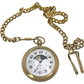 Peugeot Men's 14Kt Gold Plated Vintage Moonphase Pocket Watch with Chain, 40mm Open Face, Engravable with Easy to Read Roman Numbers