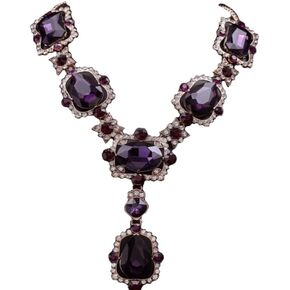 Secret for Longevity Extra Large Victorian Art Deco Antique Retro Vintage Style Gold Tone Dark Eggplant Royal Purple Rhinestone Chunky Statement Wedding Bridal Prom Drag Queen Pageant Necklace