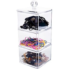 Hair Accessories Organizer for Girls, Clear 3 Stackable Acrylic Hair Tie Organizer for Headband, Bows, Cotton Swab Organization, Bathroom Containers Hair Clip Holder Storage with Lids