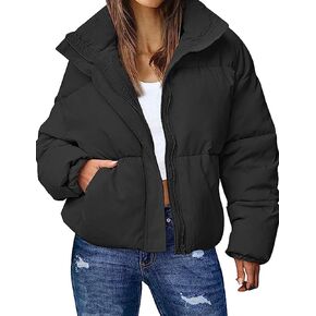 Wyeysyt Women's Winter Cropped Puffer Jacket Zip Long Sleeve Warm Short Coats Stand Collar Quilted Jacket with Pockets