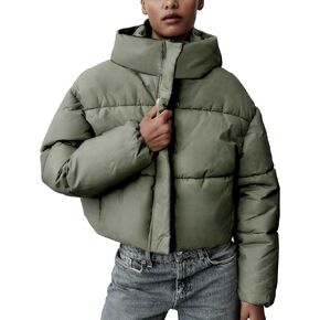 Women's Winter Crop Hooded Puffer Jacket Baggy Warm Zip Up Short Quilted Down Jackets Outerwear