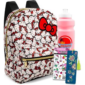 Hello Kitty Mini Backpack Set - 10" Faux Leather Hello Kitty Backpack with Front Pocket for Women Plus Water Bottle, Stickers, More | Hello Kitty Backpack Purse Bundle