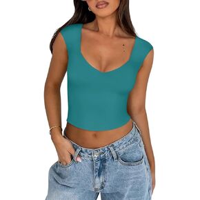 REORIA Women's Sexy Casual V Neck Double Lined Sleeveless Slimming Going Out Crop Tank Top
