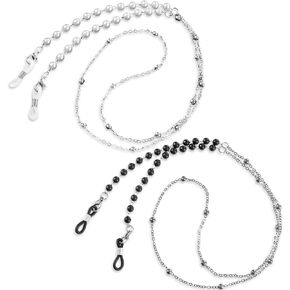 Eyeglasses Strap for Women, 2 PCS Beaded Eye Glass Chains Sunglass String Lanyard Holders Around Neck Black White Women's Sun Reading Eyewear