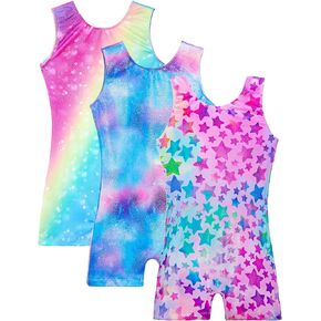 TENVDA 3 Pack Girls Leotards for Gymnastics Size 6-7 Years Old Rainbow Star Hot Pink Team Tumbling Biketard With Shorts for Kids Child Quickly-Dry