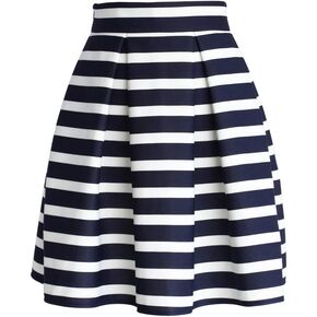 CHICWISH Women's Adorable Navy and White Stripe Pleated A-Line Midi Prom Party Skirt