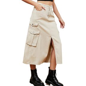 Kisidoo Women Denim Cargo Skirt - Elastic Waist, Button Maxi Jean Skirt with Y2K Flap Pockets