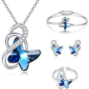 AOBOCO Sterling Silver Infinity Butterfly Necklace & Earrings & Bracelet & Ring, Crystal from Austria, Butterfly Gifts for Butterfly Lovers, Anniversary Birthday Jewelry Gifts for Women