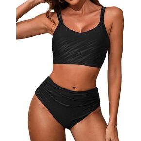 Charmo Women's High Waisted Bikini Sets Sporty Two Piece Swimsuits V Neck Ruched Waterproof Bathing Suits