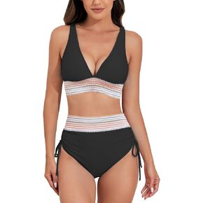 Leoparts Women's High Waisted Bikini Sets Tummy Control Two Piece Swimsuit Colorblock Ruched Drawstring Bathing Suits