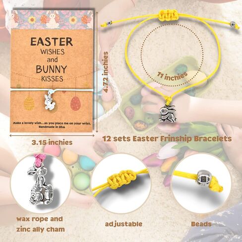 هدايا عيد الفصح من VTYEPOU للفتيات - مجموعة أساور عيد الفصح مكونة من 12 قطعة وأساور أمنيات قابلة للتعديل لطيفة مع بطاقة هدايا وحشو سلة عيد الفصح وهدايا الحفلات in Kuwait