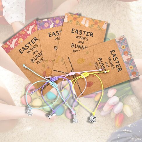 هدايا عيد الفصح من VTYEPOU للفتيات - مجموعة أساور عيد الفصح مكونة من 12 قطعة وأساور أمنيات قابلة للتعديل لطيفة مع بطاقة هدايا وحشو سلة عيد الفصح وهدايا الحفلات in Kuwait