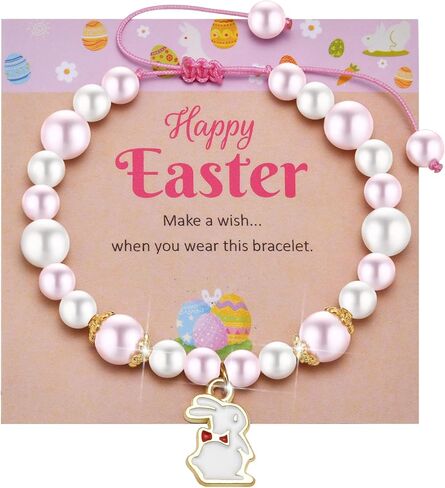 Easter Gifts for Women Girls - Easter Cute Bunny Charms Pendant Bracelets, Adjustable Pearl Bead Rabbit Bracelet, Happy Easter Jewelry Gift for Daughter Teens in Kuwait