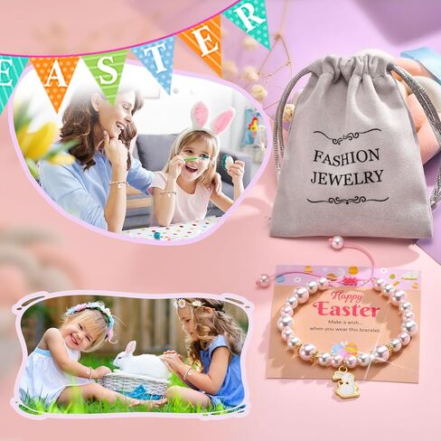 Easter Gifts for Women Girls - Easter Cute Bunny Charms Pendant Bracelets, Adjustable Pearl Bead Rabbit Bracelet, Happy Easter Jewelry Gift for Daughter Teens in Kuwait