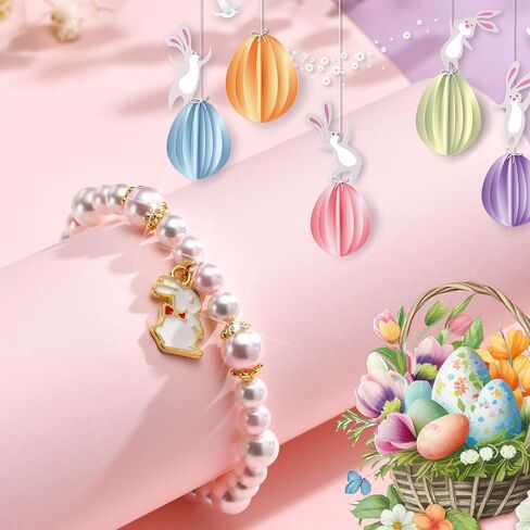 Easter Gifts for Women Girls - Easter Cute Bunny Charms Pendant Bracelets, Adjustable Pearl Bead Rabbit Bracelet, Happy Easter Jewelry Gift for Daughter Teens in Kuwait