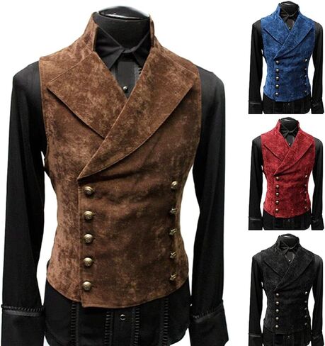 Men's Faux Suede Double Breasted Vest Slim Fit Gothic Steampunk Waistcoat Gentleman Tuxedo Prom Party Formal Suit in Kuwait