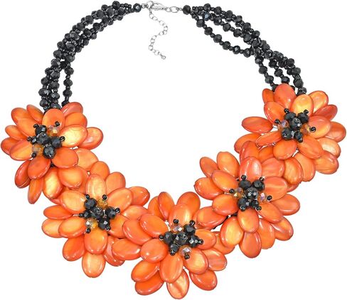 AeraVida Bold Orange Shell Lotus Blossom Bouquet with Crystals & Beads Statement Necklace | Classic Handmade Jewelry for Women | Handmade Mother of Pearl (Dyed) Necklace | Pearl Accessories in Saudi Arabia