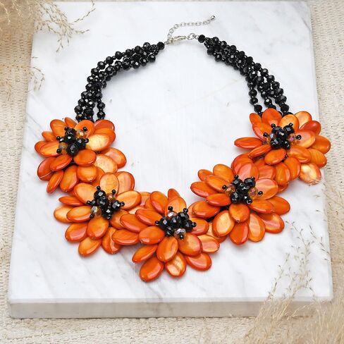 AeraVida Bold Orange Shell Lotus Blossom Bouquet with Crystals & Beads Statement Necklace | Classic Handmade Jewelry for Women | Handmade Mother of Pearl (Dyed) Necklace | Pearl Accessories in Saudi Arabia