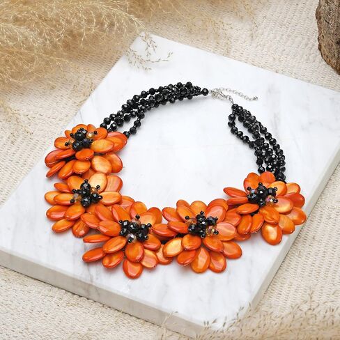 AeraVida Bold Orange Shell Lotus Blossom Bouquet with Crystals & Beads Statement Necklace | Classic Handmade Jewelry for Women | Handmade Mother of Pearl (Dyed) Necklace | Pearl Accessories in Saudi Arabia