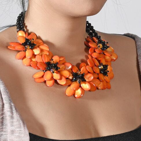 AeraVida Bold Orange Shell Lotus Blossom Bouquet with Crystals & Beads Statement Necklace | Classic Handmade Jewelry for Women | Handmade Mother of Pearl (Dyed) Necklace | Pearl Accessories in Saudi Arabia