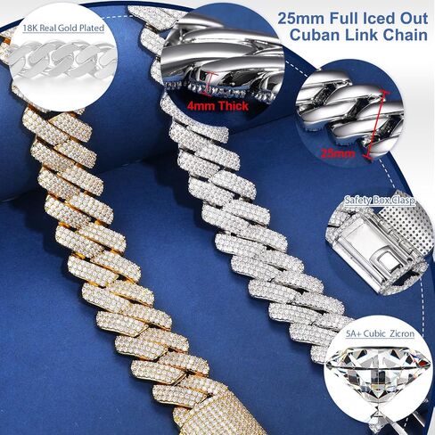 25MM Big Cuban Link Chain for Men Thick Iced Out Chain 18K Gold Plated 5A+ Zicron Cuban Necklace Gold/Silver Iced Out Diamond Miami Cuban Necklace Bling Luxury Jewelry in Kuwait