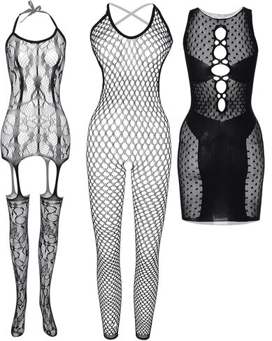 DMLBC Women Fishnet Bodysuits,Floral Lace Lingerie,Women's Sexy Mesh Babydoll,Bodysuit Dress,One Piece Babydoll One Size in Kuwait