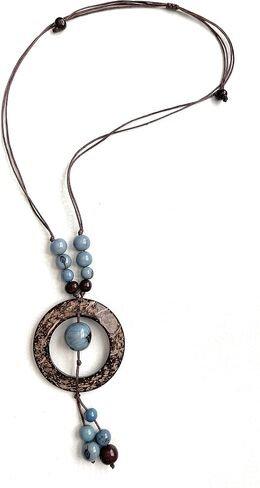 Tagua and coconut necklace in blue, brown, organic tagua nut jewelry TAG735B, light blue tagua lariat necklace, 33 inches, Adjustable, Tagua Nut, coconut, tagua in Saudi Arabia