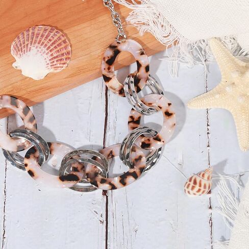 XILAZAB Acrylic Tortoise Link Necklace, Leopard Print Metal Oval Resin Chain Link,Bohemian Acetate Collar Necklace,Chunky Handmade Punk Beige Brown Bib Collar Necklace，Chrismas gifts for womens, Zinc, in Kuwait