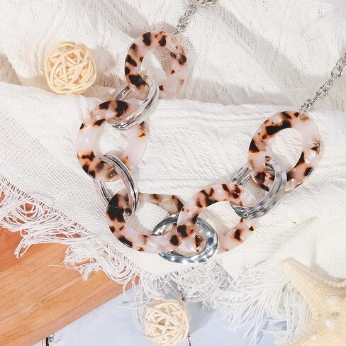 XILAZAB Acrylic Tortoise Link Necklace, Leopard Print Metal Oval Resin Chain Link,Bohemian Acetate Collar Necklace,Chunky Handmade Punk Beige Brown Bib Collar Necklace，Chrismas gifts for womens, Zinc, in Kuwait