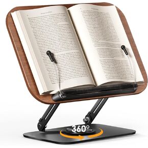 Book Stand for Reading, Adjustable Book Holder with 360° Rotating Bases, Foldable Designs, and Elastic Clips, Multifunctional Display Stand for Recipe, Cookbooks, Magazines, Tablets, Laptops