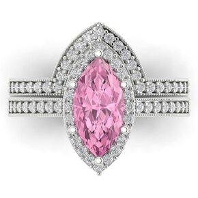 Clara Pucci 2.13ct Marquise Round Cut Pave Halo Solitaire with Accent Pink Zircon Statement Bridal Wedding Ring Band Set 14k White Gold