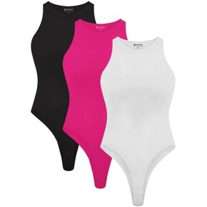 Cyanstyle Womens 3 Piece Bodysuits Sexy Sleeveless Racer Back High Neck Double Lined Bodysuit Tank Tops