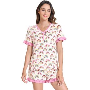 Women's Pajamas Set-Viscose Made from Bamboo, Short Sleeve Pjs with Shorts Set V Neck Sleepwear Cool Loungewear