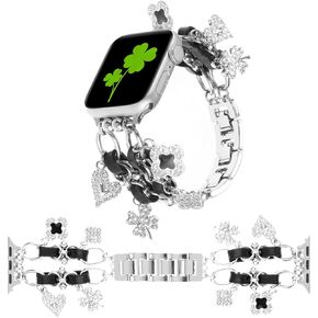 Designer Bands Compatible with Apple Watch Band 38/40/41/42/44/45/49mm Women,Dressy Wristband Stylish Charming Strap Metal Chain with Pretty Charms Pendants for iWatch Series 9 8 7 6 5 4 3 2 SE Ultra