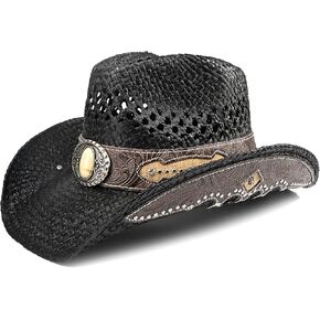 Men's Western Cowboy Hat Classic Style Straw Sun hat,Women's Cowgirl Hat Unique Faux Leather Rivet Decoration