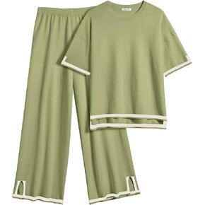 Ekouaer Lounge Sets for Women 2 Piece Outfits Knit Short Sleeve Pullover Tops Wide Leg Pants Casual Sweater Sets Tracksuits