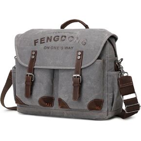 Mens Messenger Bag 15.6 Inch Vintage Waxed Canvas Genuine Leather Briefcase Leather Computer Laptop Bag Rugged Satchel Shoulder Bag Gray