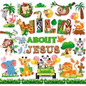 HOWAF 38pcs Jungle Animals Leaves Bulletin Board for Back to School Classroom Decor, Wild About Jesus Cutouts for for First Day of School Party Supplies Blackboard Decoration, Wild Animal Cut-Outs