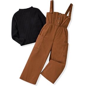 HINTINA Toddler Girl Cloth Long Sleeve Tee Corduroy Button Down Pinafore Overall Jumpsuit 2 Pieces Outfits